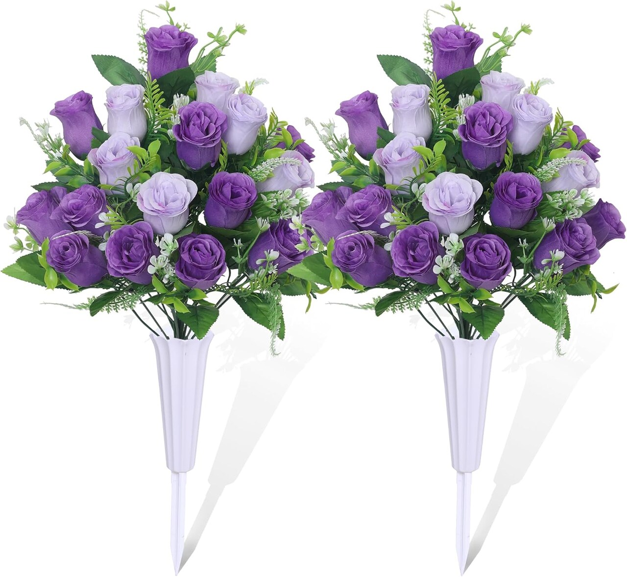 Set of 2 Artificial Cemetery Flowers with Vases & Ground Spikes - 18" Purple Silk Rose Memorial Bouquets - UV Resistant Weatherproof Grave Decorations for Outdoor Headstone Tributes
